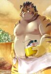  2024 anthro belly biped blush bulge felid hamagiato hi_res hitachi_(tamacolle) kemono male mammal moobs nipples outside overweight overweight_male pantherine solo steam tamacolle tiger towel 