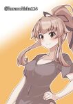  1girl black_ribbon brown_eyes gradient_background grey_shirt hair_ribbon hand_on_own_hip highres kantai_collection kurano_kisuke official_alternate_costume one-hour_drawing_challenge orange_background pink_eyes ponytail ribbon shirt smile solo twitter_username upper_body yura_(kancolle) 