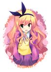  blonde_hair green_eyes hair_ribbon highres isurugi_mio long_hair mimura_zaja mm! purple_skirt ribbon school_uniform skirt solo 