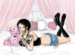  1girl arm_tattoo ass back back_tattoo bed bedroom belt black_footwear blue_skirt boots breast_tattoo breasts butt_crack cleavage denim denim_skirt donquixote_pirates_jolly_roger donquixote_rocinante earrings full_body genderswap genderswap_(mtf) heart heart-shaped_pillow highres indoors jewelry knee_boots large_breasts looking_at_viewer lying namnam_op on_stomach one_piece parted_lips pillow red_nails short_hair shoulder_tattoo skirt solo stuffed_animal stuffed_toy tattoo teddy_bear thighs trafalgar_law yellow_eyes 