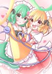  2girls :d :o absurdres ako_oekaki apron ascot back_bow black_bow black_bowtie blonde_hair blouse blurry blush bow bowtie commentary_request cowboy_shot dot_nose eyes_visible_through_hair fang flandre_scarlet frilled_apron frilled_shirt_collar frilled_skirt frilled_sleeves frills green_eyes green_hair green_skirt hair_bow hand_up heads_together heart heart_in_eye heart_of_string highres komeiji_koishi looking_at_viewer maid_headdress multiple_girls open_mouth parted_lips puffy_short_sleeves puffy_sleeves red_eyes red_skirt red_vest shirt short_hair short_sleeves skirt sleeves_past_fingers sleeves_past_wrists smile split_mouth standing symbol_in_eye third_eye touhou vest waist_apron white_apron white_bow white_shirt yellow_ascot yellow_shirt 