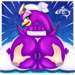 absurd_res anthro anus avian big_butt bird butt butt_grab eyelashes female genitals hand_on_butt hi_res huge_butt looking_at_viewer looking_back purple_body pussy renegade-157 sega solo sonic_riders sonic_the_hedgehog_(series) spread_butt spread_legs spreading thick_thighs wave_the_swallow