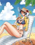  1girl arm_tattoo bare_legs beach beach_chair bikini black_hair blue_bikini blue_sky book breast_tattoo breasts cleavage cloud commentary crossed_legs day earrings flower food genderswap genderswap_(mtf) hair_ornament hand_tattoo hand_up hat hat_flower high_heels highres holding holding_book holding_ice_cream_cone ice_cream ice_cream_cone jewelry large_breasts namnam_op navel ocean on_chair one_piece open_clothes open_mouth outdoors palm_leaf palm_tree red_flower red_nails ribbon sand shirt shoes short_hair side-tie_bikini_bottom sitting sky solo sun_hat swimsuit symbol-only_commentary tattoo teeth thighs trafalgar_law tree unworn_shoes water yellow_eyes yellow_shirt 