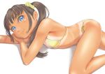  1girl bikini blue_eyes brown_hair commentary_request flat_chest hair_ornament hair_scrunchie looking_at_viewer lying on_side original scrunchie side-tie_bikini_bottom side_ponytail simple_background smile solo swimsuit tan tanlines uzuki_mei white_background yellow_bikini 
