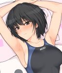  1girl amagami arms_up black_hair black_one-piece_swimsuit blush bob_cut breasts closed_mouth commentary_request competition_swimsuit halcon looking_at_viewer lying medium_breasts nanasaki_ai on_back one-piece_swimsuit short_hair simple_background smile solo swimsuit two-tone_swimsuit 