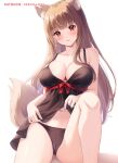  1girl animal_ears artist_name babydoll babydoll_lift black_babydoll black_panties blush breasts brown_hair cleavage collarbone holo knee_up lifted_by_self long_hair looking_at_viewer navel panties parted_lips red_eyes sebu_illust simple_background sitting solo spice_and_wolf tail tongue underwear watermark white_background wolf_ears wolf_girl wolf_tail 