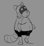  2024 anthro belly bottomwear clothing kennydraws male mammal moobs overweight overweight_male procyonid raccoon rascal_(robot_dreams) robot_dreams shorts simple_background solo swimwear 
