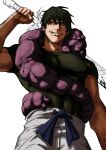  1boy absurdres bara black_hair black_shirt cowboy_shot evil_smile fighting_stance fushiguro_touji highres jujutsu_kaisen large_pectorals looking_at_viewer male_focus mature_male muscular muscular_male pants pectorals pedro_renji ready_to_draw scar scar_on_face scar_on_mouth shirt short_hair simple_background smile solo spirit standing tight_clothes tight_shirt tsurime unfinished 