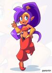 absurd_res blue_eyes breasts brown_body brown_skin cleavage clothed clothing efextex female genie hair hi_res humanoid humanoid_pointy_ears looking_at_viewer not_furry open_mouth open_smile ponytail purple_hair shantae shantae_(series) signature simple_background smile solo wayforward