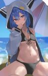  1girl absurdres beach beach_umbrella bikini black_bikini blue_eyes blue_hair blue_sky blush breasts closed_mouth front-tie_top highres hololive hood hooded_jacket hoshimachi_suisei jacket jacket_over_swimsuit long_sleeves looking_at_viewer medium_hair nagiushi navel ocean open_clothes open_jacket outdoors sitting sky small_breasts solo swimsuit umbrella water white_jacket 