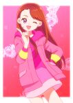  1girl ;d asymmetrical_bangs brown_hair commentary cowboy_shot earrings hand_on_own_hip highres hijiri_ageha hirogaru_sky!_precure hood hood_down hoodie index_finger_raised jacket jewelry kyanos_(b_0000ff) long_hair long_sleeves looking_at_viewer one_eye_closed open_clothes open_jacket open_mouth pink_background pink_hoodie pink_jacket precure purple_eyes smile solo standing stud_earrings 