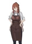  1girl apron black_pants brown_apron brown_hair closed_eyes collared_shirt commentary feet_out_of_frame girls&#039;_frontline hands_on_own_hips high_ponytail highres long_hair open_mouth pants seilindekos shirt simple_background sleeves_rolled_up solo springfield_(girls&#039;_frontline) standing very_long_hair white_background white_shirt 