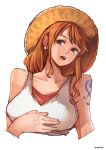  1girl :o aosora2823 arm_tattoo artist_name breasts collarbone commentary_request cropped_torso hat head_tilt highres large_breasts looking_at_viewer nami_(one_piece) one_piece orange_hair romaji_text simple_background solo straw_hat tank_top tattoo upper_body white_background white_tank_top 