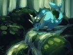  blue_fur blurry blurry_background body_fur fins fusenryo head_fins nature outdoors pokemon pokemon_(creature) river solo standing standing_on_liquid vaporeon 