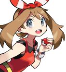  1girl :d bow bracelet brown_hair grey_eyes hair_bow holding holding_poke_ball hyou_(hyouga617) jewelry looking_at_viewer may_(pokemon) open_mouth poke_ball poke_ball_(basic) pokemon pokemon_oras red_bow red_shirt shirt sleeveless sleeveless_shirt smile solo teeth upper_body upper_teeth_only white_background 
