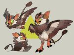  animal_focus beak bright_pupils bul_(moiko) claws colored_tongue creature flying full_body green_eyes grey_background highres multiple_views no_humans open_mouth original simple_background standing standing_on_one_leg tail white_pupils wings yellow_tongue 