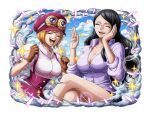  2girls black_hair breasts brown_gloves cleavage closed_eyes crossed_legs english_commentary frills gloves hand_on_own_face hat koala_(one_piece) large_breasts long_sleeves miniskirt multiple_girls nico_robin official_art one_piece one_piece_treasure_cruise open_mouth orange_hair pink_shirt red_skirt shirt short_hair sitting skirt smile teeth 