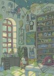  animal book bookshelf cat chair clock desk highres indoors jar katou_oswaldo map mask no_humans original plant potted_plant scenery window 