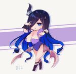  1girl armpits black_footwear black_hair black_wrist_cuffs blue_hair breasts broken_horns brown_dust_2 chibi cleavage closed_mouth colored_inner_hair copyright_name curly_hair demon_horns eclipse_(brown_dust_2) full_body groin hair_over_one_eye hand_in_own_hair horn_ornament horn_ring horns large_breasts leotard long_hair looking_at_viewer low_wings multicolored_hair purple_leotard ruzyeria simple_background smile solo two-tone_hair very_long_hair wings wrist_cuffs 