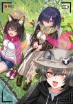  3girls absurdres animal_ears battery_indicator black_hoodie blue_archive blue_shorts blush boots breasts brown_footwear brown_hair closed_mouth day eighth_note fishing fishing_rod fox_ears fox_tail grey_hair hair_over_one_eye halo highres holding holding_fishing_rod hood hood_down hoodie izuna_(blue_archive) jacket large_breasts long_hair long_sleeves medium_breasts michiru_(blue_archive) multiple_girls musical_note ninjutsu_research_club_(blue_archive) one_eye_closed open_mouth outdoors pink_halo pink_scarf purple_eyes purple_hair purple_halo raccoon_ears recording rynn_(darknescorez) scarf short_hair shorts skirt smile sweater tail tsukuyo_(blue_archive) viewfinder white_jacket white_skirt white_sweater yellow_eyes 
