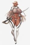  1girl arm_behind_back ass_visible_through_thighs blonde_hair bodysuit boots breasts closed_mouth commentary crop_top dark-skinned_female dark_elf dark_skin elf full_body gloves gurimjang highres holding holding_sword holding_weapon large_breasts long_hair looking_at_viewer navel original parted_bangs pointy_ears red_eyes revealing_clothes shrug_(clothing) simple_background skindentation solo standing stomach sword thigh_boots weapon white_background white_footwear white_gloves wide_hips 