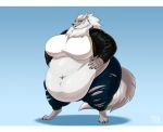  2023 anthro big_breasts biglovealicia blue_eyes breasts canid canine canis cel_shading clothed clothing digitigrade female fully_clothed fur hair half-closed_eyes hand_on_belly hi_res mammal narrowed_eyes navel navel_piercing neck_tuft overweight overweight_female piercing shaded signature simple_background solo thick_thighs torn_clothing tuft white_body white_fur white_hair wolf 