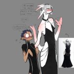  absurd_res antennae_(anatomy) anthro azra_(core34) bangs blush bulge chain clothing dress duo forked_tail hi_res hollow_hip_backless_chain_dress humanoid humanoid_pointy_ears ishmael_(core34) male monster tail thecore34 unusual_anatomy unusual_tail 