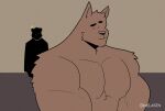  2021 absurd_res anthro artist_name barazoku brown_body brown_fur canid canine clothed clothing digital_media_(artwork) duo fur hi_res male mammal melaisen monotone_body monotone_fur muscular muscular_male pecs simple_eyes topless 