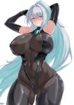  1girl aqua_eyes arms_up black_ark_ranger_(nikke) black_bodysuit blush bodysuit breasts covered_navel covered_nipples cowboy_shot cream_cod elbow_gloves gloves goddess_of_victory:_nikke hair_intakes highres huge_breasts impossible_bodysuit impossible_clothes long_hair looking_at_viewer simple_background skin_tight standing thighs white_background white_hair 