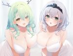  2girls alternate_costume asymmetrical_docking bare_shoulders bra braid braided_bangs breast_press breasts ceres_fauna chestnut_mouth cleavage crossed_bangs deyui double-parted_bangs dress earrings english_commentary flower green_eyes green_hair grey_hair hair_between_eyes hair_branch hair_flower hair_ornament hair_over_one_eye hairband highres hololive jewelry lace-trimmed_dress lace_trim large_breasts leaning_forward medium_hair mole mole_on_breast mole_under_eye multiple_girls nightgown open_mouth shirogane_noel simple_background smile star_(symbol) star_earrings teeth underwear upper_body upper_teeth_only virtual_youtuber wavy_hair white_background white_dress white_flower white_nightgown yellow_eyes 