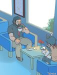  1girl beard cafeteria cat_girl closed_eyes contemporary couch cup dungeon_meshi dwarf eating facial_hair from_above full_body holding holding_cup izutsumi long_beard mustache necktie official_alternate_costume on_couch pants senshi_(dungeon_meshi) sitting spf50jets teacup thick_mustache very_long_beard 