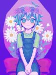  antenna_hair basil_(headspace)_(omori) basil_(omori) blue_eyes blue_hair blue_overalls blush floral_background green_shirt head_wreath highres looking_at_viewer omori overalls own_hands_together rakutiito310 shirt short_sleeves sitting smile 