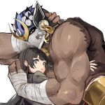  1boy 1girl bandaged_arm bandages bara brown_hair brown_shirt commentary_request dark-skinned_male dark_skin earrings grey_eyes helmet hug jewelry long_hair looking_at_viewer lying muscular muscular_male on_side parted_lips protagonist_2_(housamo) red_eyes shirt shiva_(housamo) simple_background sleeveless sleeveless_shirt tass_commuovere tokyo_afterschool_summoners unfinished upper_body white_background 