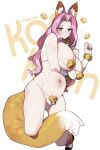  1girl animal_ears bare_shoulders breasts cleavage fake_animal_ears fate/grand_order fate/stay_night fate_(series) forehead fox_ears fox_tail highres large_breasts long_hair looking_at_viewer medusa_(fate) medusa_(rider)_(fate) monkey_jon navel parted_bangs purple_eyes purple_hair revealing_clothes sidelocks solo tail thighs very_long_hair 