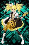  alternate_hairstyle aoneko-plus aqua_eyes bad_id bad_pixiv_id black_legwear blonde_hair boots detached_sleeves dress frills guitar hair_ornament hair_ribbon hairclip instrument kagamine_rin kagamine_rin_(roshin_yuukai/hard_rkmix) long_hair open_mouth ribbon roshin_yuukai_(vocaloid) skirt smile solo thighhighs twintails vocaloid zettai_ryouiki 