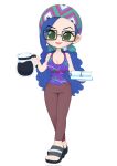  1girl absurdres black_pants blue_hair brown_pants chibi coffee_pot commission cup english_commentary full_body glasses head_scarf highres holding holding_coffee_pot holding_plate looking_at_viewer martinsdmelo one_piece pants paula_(one_piece) plate ponytail sandals smile tank_top v-shaped_eyebrows white_background 