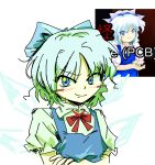  1girl blue_bow blue_eyes blue_vest blush_stickers bow bowtie cirno closed_mouth collared_shirt crossed_arms derivative_work frilled_sleeves frills game_screenshot_inset hair_bow ice ice_wings looking_at_viewer nienie_(todosthgoood) puffy_short_sleeves puffy_sleeves red_bow red_bowtie screenshot_redraw shirt short_sleeves simple_background smirk smug solo touhou upper_body v-shaped_eyebrows vest white_background white_shirt white_sleeves wings zun_(style) 