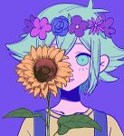  antenna_hair aqua_eyes aqua_hair basil_(headspace)_(omori) basil_(omori) blue_flower blue_rose child collarbone colored_skin flower flower_wreath hair_between_eyes hair_flaps head_wreath highres leaf looking_at_viewer omori one_eye_covered open_mouth pink_skin purple_background purple_flower rose shirt short_hair sidelocks simple_background smile straight-on sunflower upper_body yellow_shirt zero_(sleepy_meltan) 