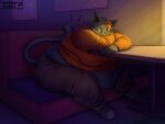  anthro belly big_belly big_breasts booth breasts clothing dated eyes_closed felid feline female furniture hair hi_res light mae_borowski mammal night_in_the_woods obese obese_anthro obese_female orange_clothing orange_hair orange_shirt orange_topwear overweight overweight_anthro overweight_female painting shirt signature sleeping solo sound_effects sunlight table topwear vowelless vowelless_sound_effect wenisberry zzz 