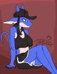  anthro belly blue_body bottomwear clawed_fingers claws clothing delivery_shark_(buta99) female fish hat headgear headwear hi_res horn marine oversized_clothing pants shark shirt simple_background simple_eyes sitting solo topwear white_body zatlea 