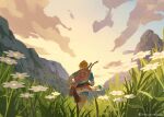  1boy arrow_(projectile) blonde_hair blue_tunic boots bow_(weapon) brown_footwear champion&#039;s_tunic_(zelda) cloud cloudy_sky earrings flower from_behind grass half_updo jewelry knee_boots link mountain pants pointy_ears quiver shield shield_on_back sky smolbirbgjo solo sword the_legend_of_zelda the_legend_of_zelda:_tears_of_the_kingdom tunic weapon weapon_on_back white_flower white_pants 