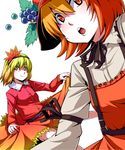  aki_minoriko aki_shizuha belt blonde_hair curtsey dress food fruit grapes hair_ornament hairband hat leaf leaf_hair_ornament mendou_saya multiple_girls orange_eyes orange_hair short_hair siblings sisters skirt_hold suspenders touhou 