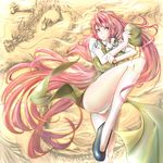  braid breasts dragon eastern_dragon hair_ribbon hat highres holding holding_hat hong_meiling large_breasts leg_lift legs long_hair matsukaze panties pink_hair ribbon solo touhou underwear very_long_hair 