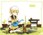  1girl bad_id bad_pixiv_id blonde_hair blue_eyes bow brother_and_sister glider_(artist) hair_bow headphones kagamine_len kagamine_rin minigirl plant potted_plant siblings twins vocaloid watering_can 