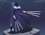  black_keys blue_hair boots ciel dual_wielding from_behind habit holding nyath short_hair solo sword tsukihime weapon 