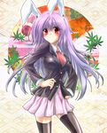  animal_ears black_legwear blazer blush bunny_ears hands_on_hips jacket kuro_mame leaf long_hair necktie pleated_skirt purple_hair red_eyes red_neckwear reisen_udongein_inaba skirt solo thighhighs touhou zettai_ryouiki 