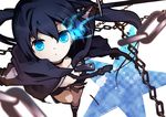  absurdres bikini_top black_hair black_rock_shooter black_rock_shooter_(character) blue_eyes boots chain coat flat_chest from_above glowing glowing_eyes highres long_hair nigo shorts solo sword twintails very_long_hair weapon 
