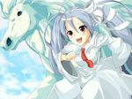  blue_hair blush copyright_request day happy highres horse long_hair necktie sky solo tekijira twintails 