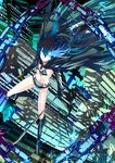  absurdres belt bikini_top black_hair black_rock_shooter black_rock_shooter_(character) blue_eyes boots burning_eye chain glowing glowing_eye gyuufa highres katana long_hair scar shorts solo sword twintails weapon 