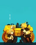  1girl blonde_hair blue_eyes brother_and_sister cat glider_(artist) hair_ribbon headphones kagamine_len kagamine_rin open_mouth pointing ribbon short_hair siblings sitting steamroller translated twins vocaloid 